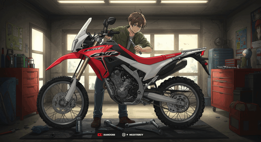 An anime-style illustration of a person in a well-lit garage, carefully working on their Honda CRF250L with tools like a torque wrench in hand. The atmosphere is one of focused enjoyment and personal connection with the motorcycle, representing the DIY aspect. Maintain the original shape and emblem of the CRF250L.