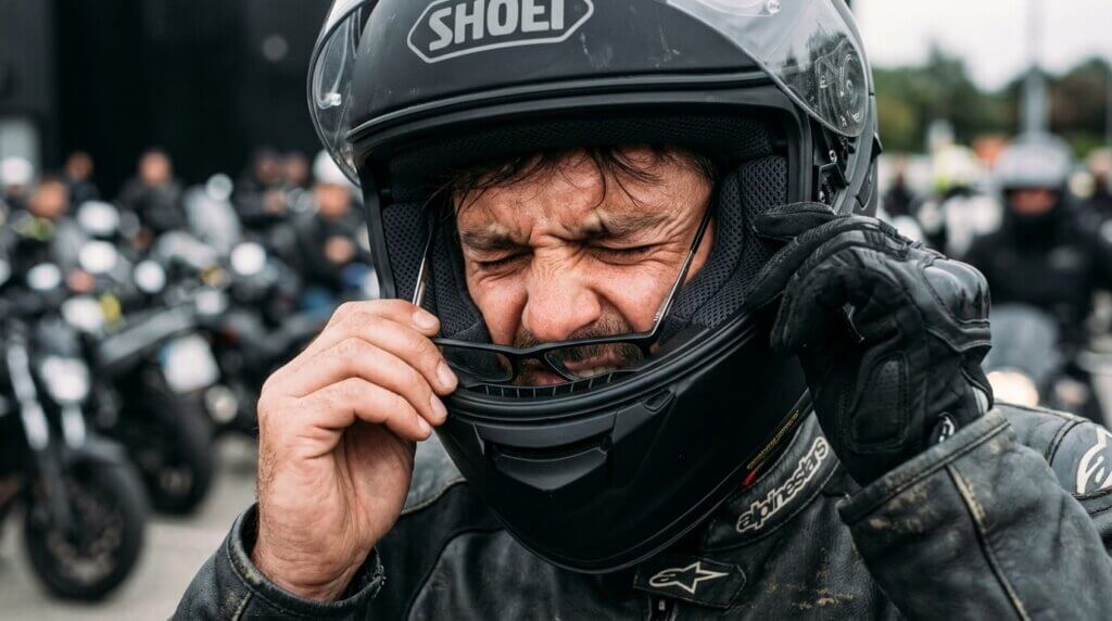 ヘルメットでメガネかけにくいし耳痛い