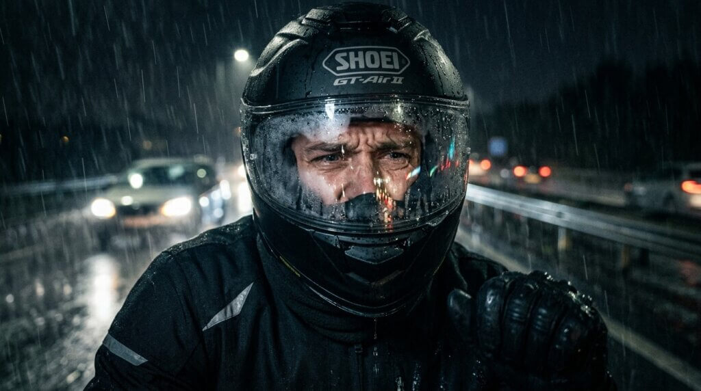 ヘルメットシールド曇る雨水で視界怖い