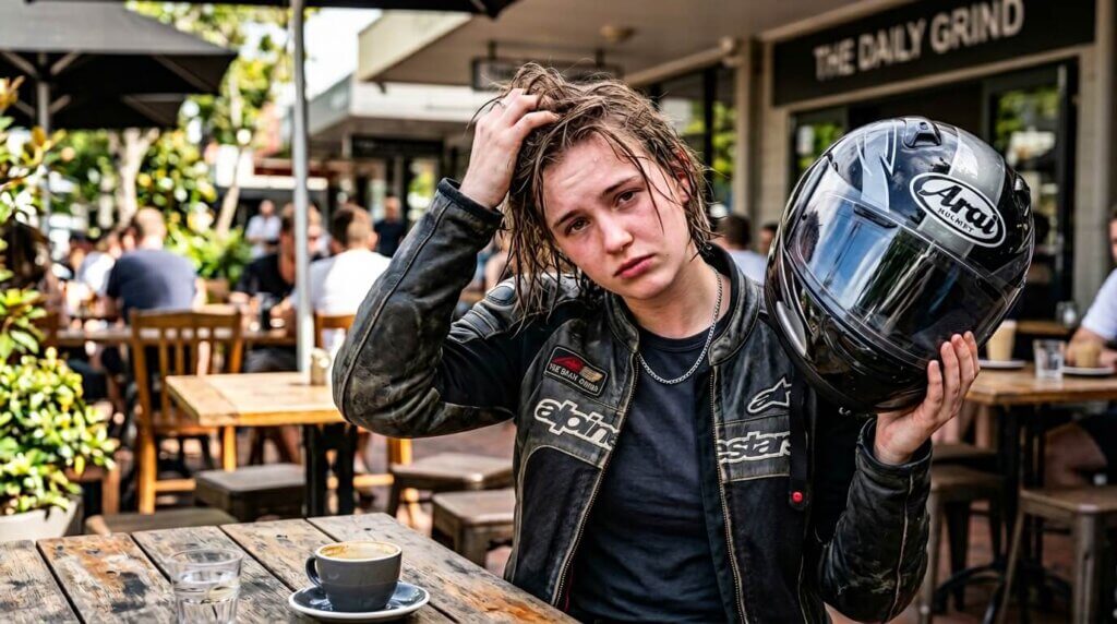 ヘルメット脱いだ後髪型ぺしゃんこで崩れる