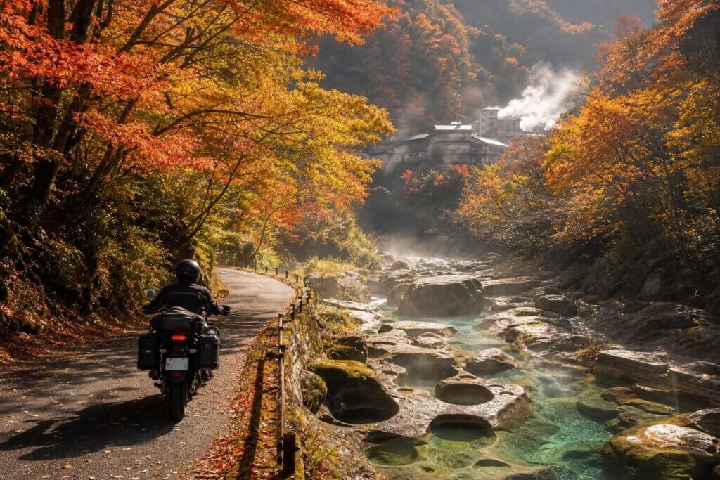 奥津渓の紅葉ツーリングと温泉