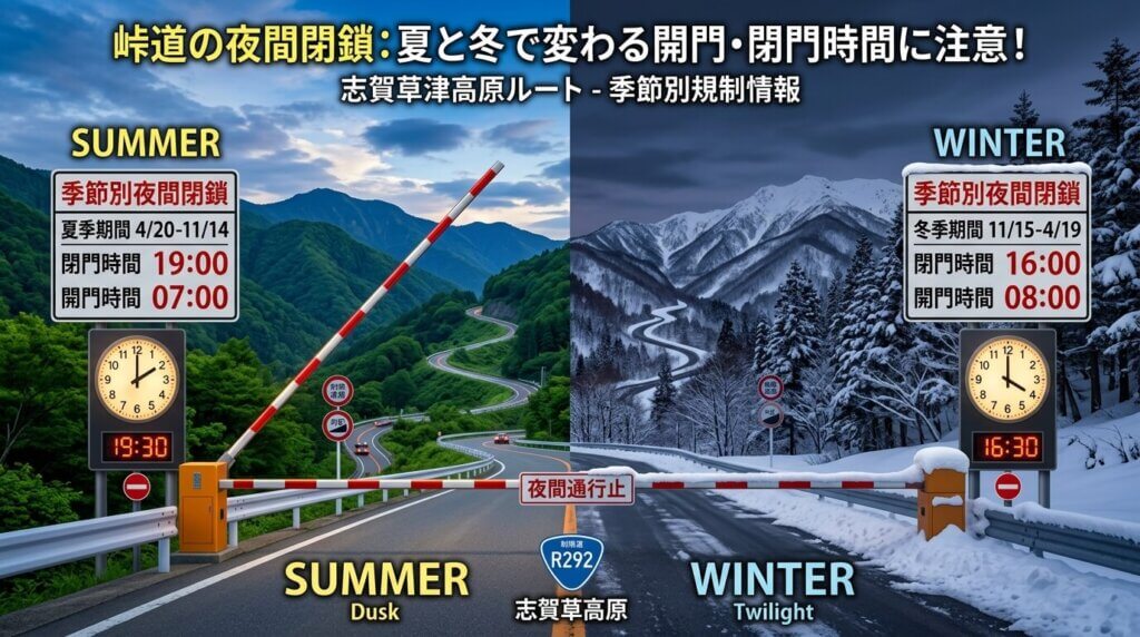 夏期と冬期で異なる夜間通行禁止の開門時間を守る