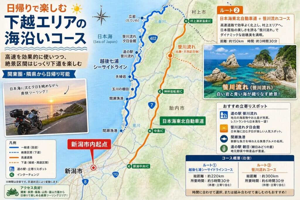 日帰りで巡れる下越エリアの海沿いコース