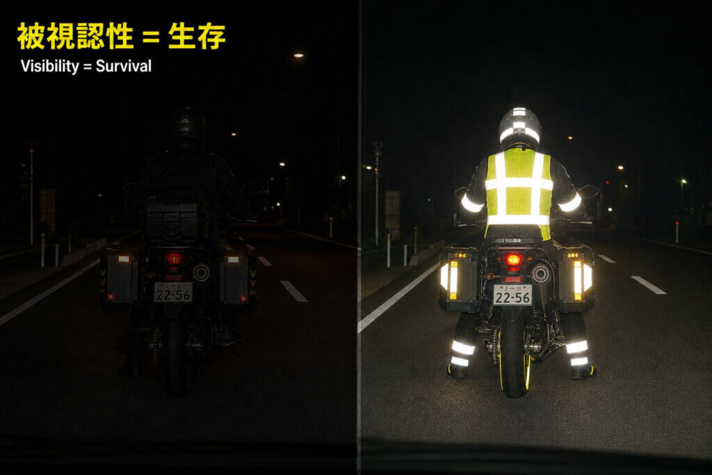 夜間の視認性を高めるリフレクター付き必須装備