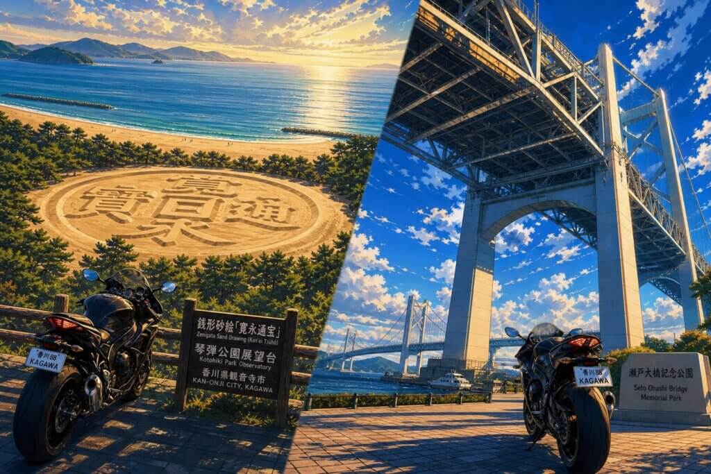 銭形砂絵と瀬戸大橋記念公園のフォトジェニックスポット