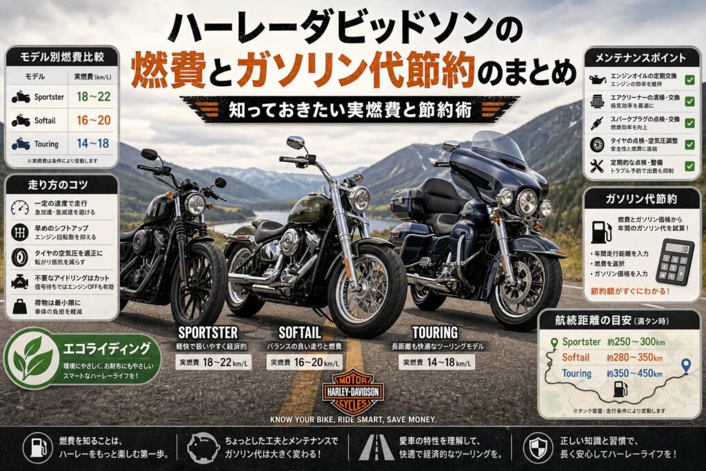 ハーレーダビッドソンの燃費とガソリン代節約のまとめ
