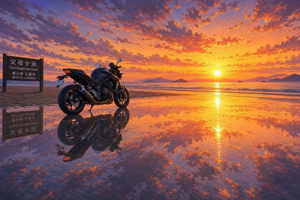 父母ヶ浜で狙うバイク映えと夕陽の絶景