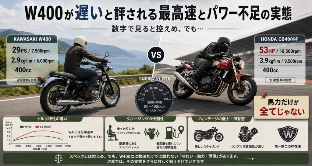 W400が遅いと評される最高速とパワー不足の実態
