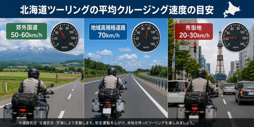 下道の平均速度はバイクで時速50〜60km、地域高規格道路は70km/h