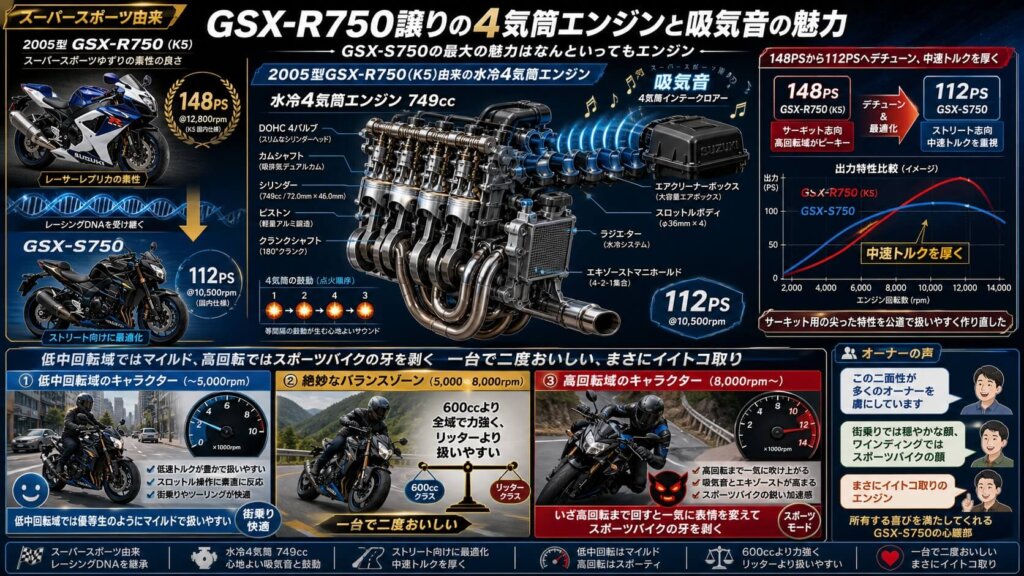 GSX-R750譲りの4気筒エンジンと吸気音の魅力