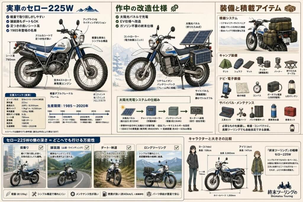 主人公たちが乗るセロー225Wと装備の魅力