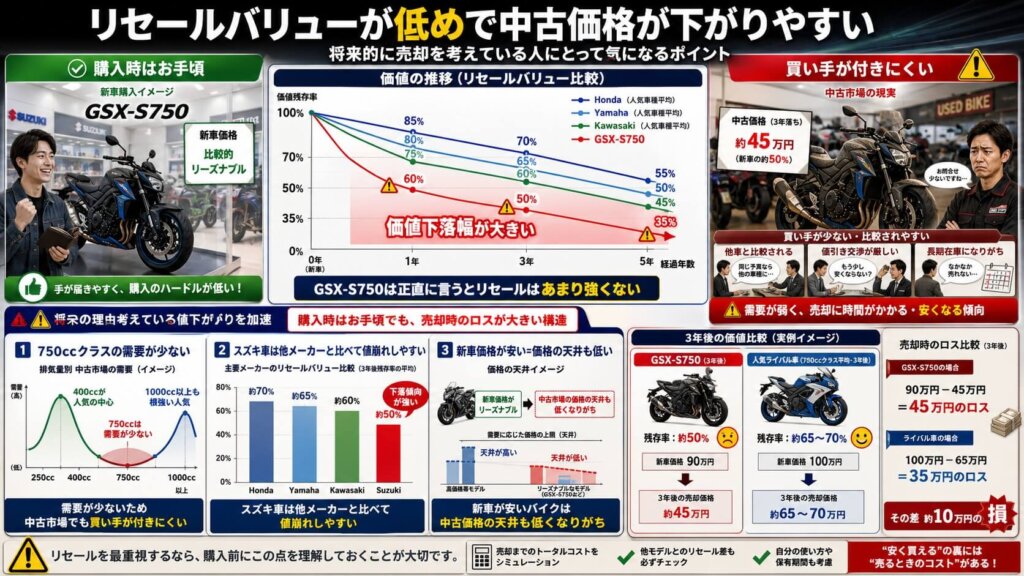 リセールバリューが低めで中古価格が下がりやすい
