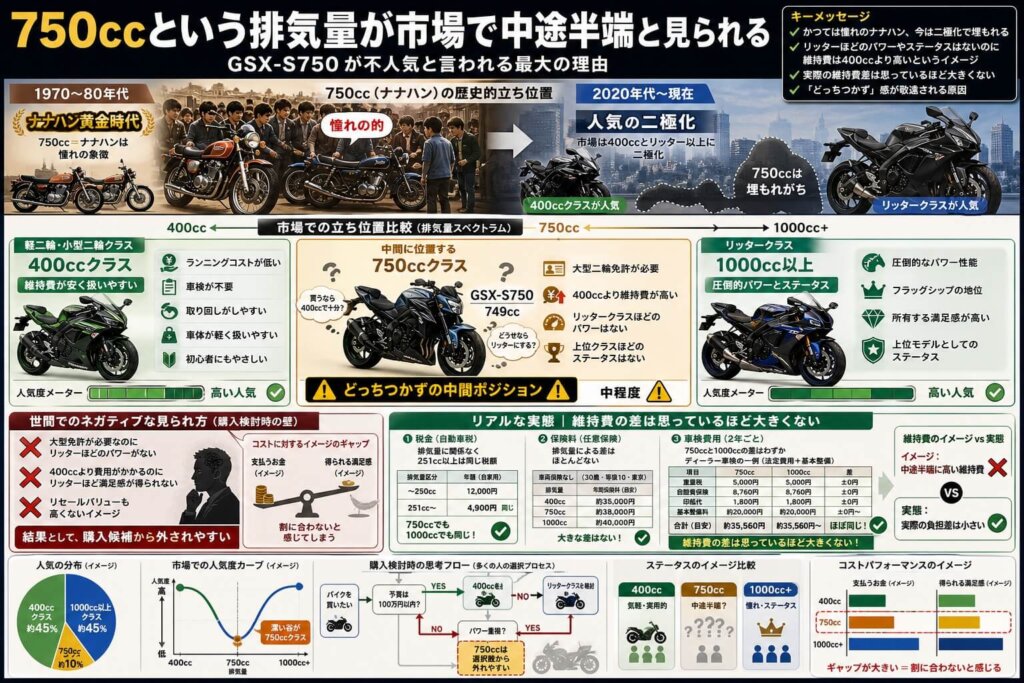 750ccという排気量が市場で中途半端と見られる