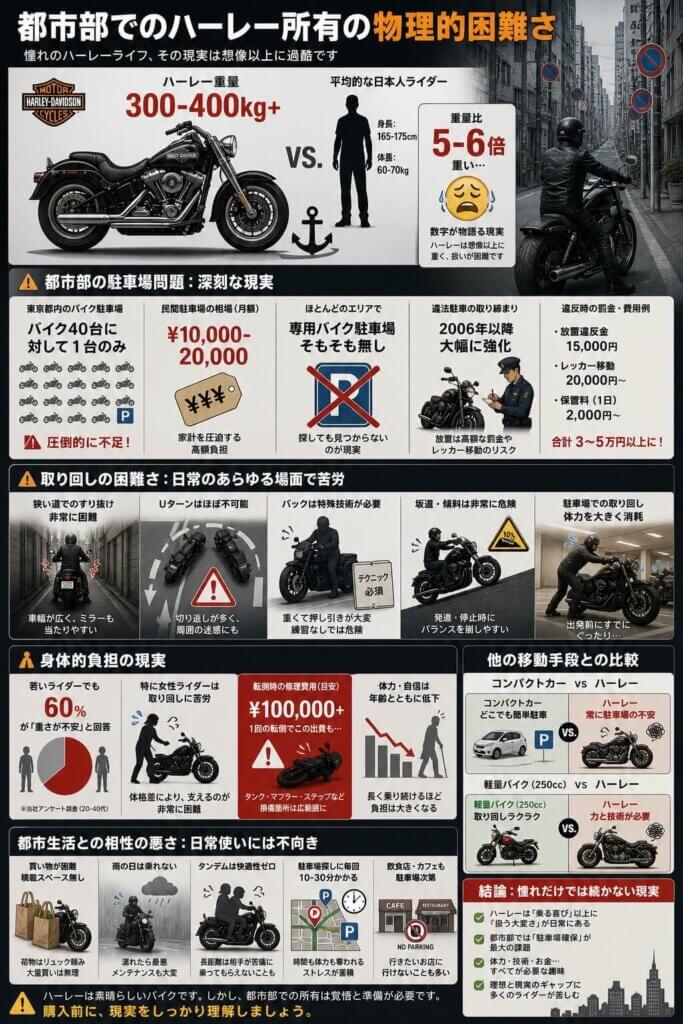 都市部でのハーレー所有の物理的困難さ