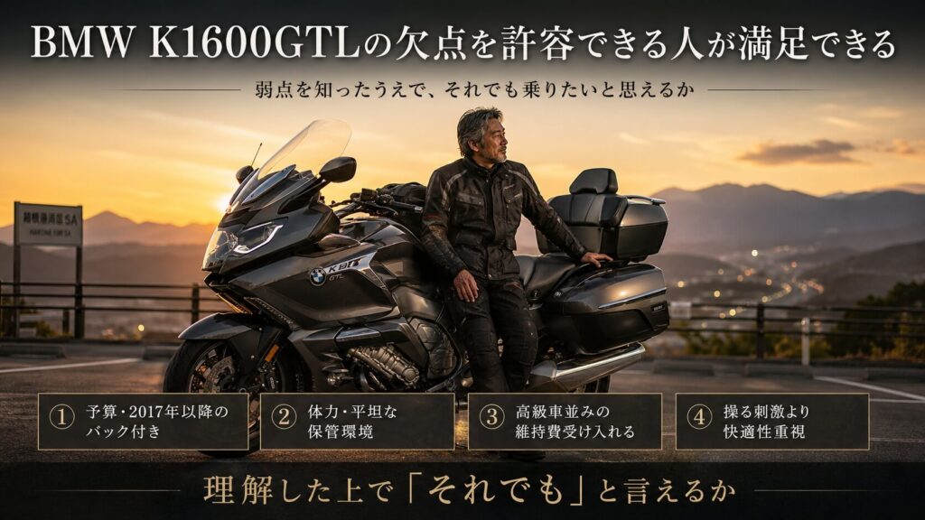 BMW K1600GTLの欠点を許容できる人が満足できる